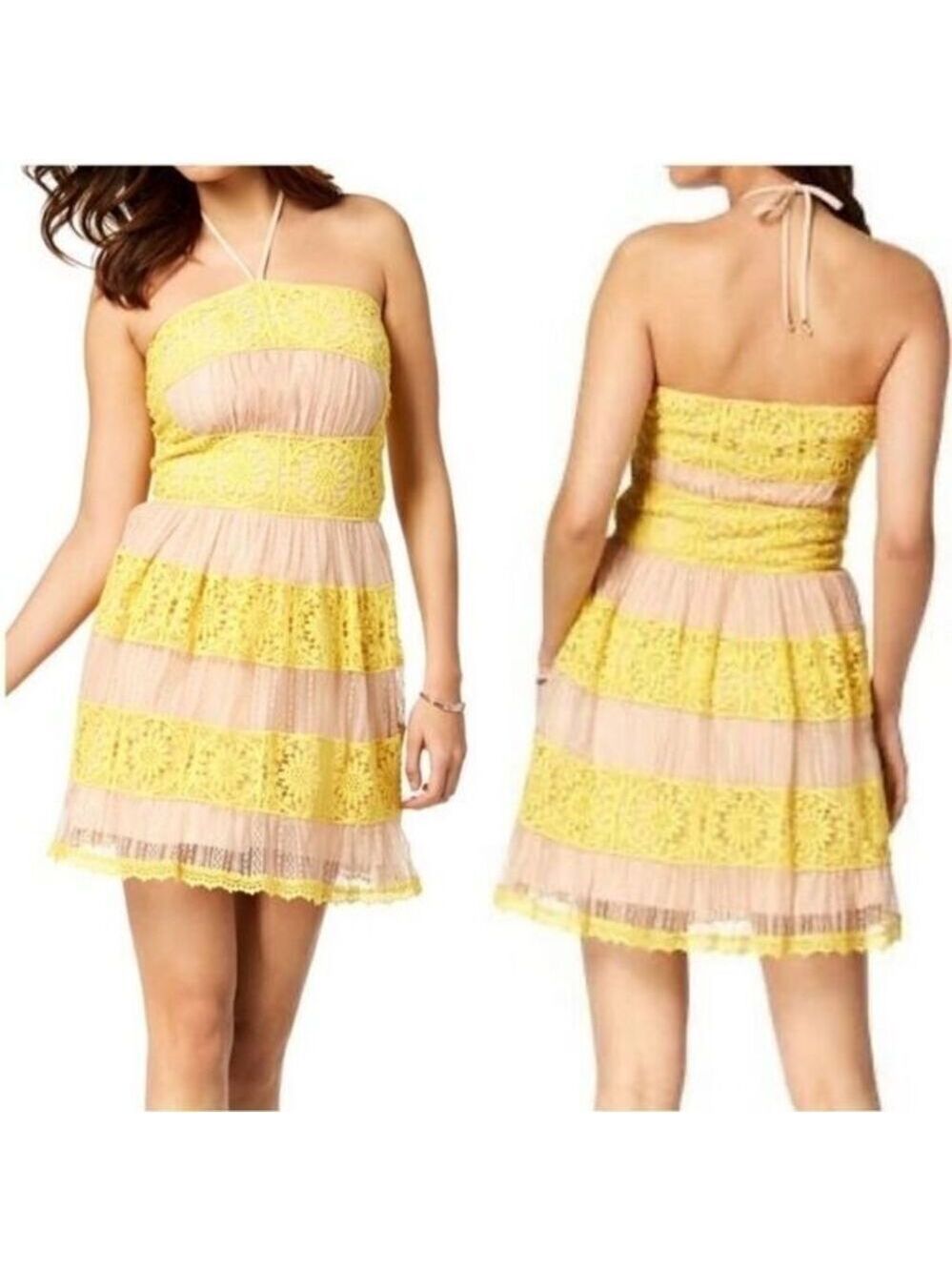 Foxiedox Mia Lace Halter Mini Dress S Yellow Nude Fit Flare NWT